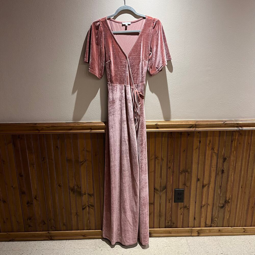 Baltic Born Wrap Short Sleeve Velvet Maxi Dress Sz XS Pink Holiday Formal